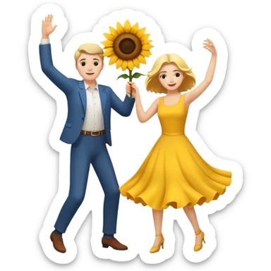 White man and white woman dancing with a sunflower sticker