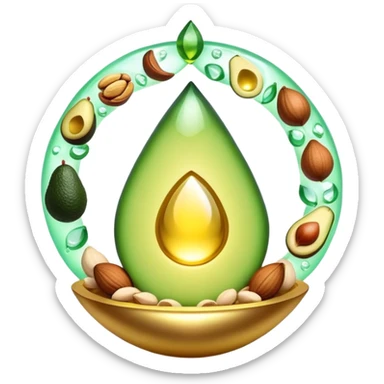 Floating aura in the shape of a golden and jade green drop, with bright icons of avocado, nuts, olive oil and ethereal fish spinning in a circle, surrounding a warm heart and illuminated brain, wrapped in a soft glow of protection and stable energy sticker