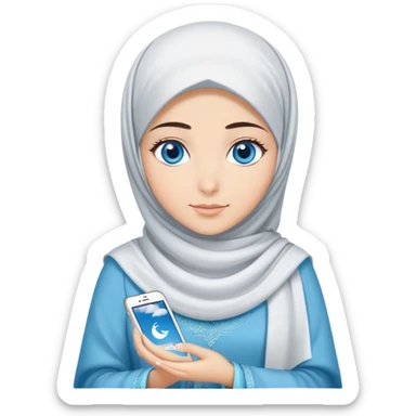 Turkish beautiful finish Konya girl blue eyes with cloudy hijab islamic long tailed dress and had on her hand text Eid Mubarak  sticker
