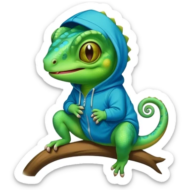 Chameleon wearing hoodie with smile faces sticker
