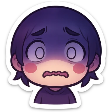 Make the shadow on the upper half much more dramatic and intense, with deep dark blue and purple tones in anime style. Make the face look even more depressed, paranoid, and shadowy, with a trembling frown and wide blank eyes. Keep it minimal, colorful, and emoji-like, no realism or horror. sticker