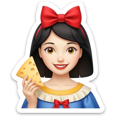  smiling Snow White with red bow holding triangle wedge of cheese sticker