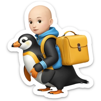 Una persona, vestida con ropa característica de peru sin pelo montado a espaldas de un pingüino con una bolsa de la empresa de reparto glovo en la espalda sticker