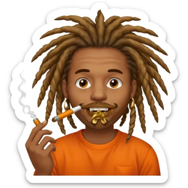 Brownskin man with very long dreadlocks orange shirt smoking weed blunt in mouth sticker