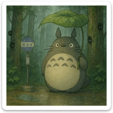 Totoro waiting at a misty forest bus stop, holding a giant leaf umbrella, while tiny soot sprites peek out from tree trunks nearby and raindrops ripple in puddles at his feet. sticker