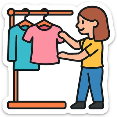young woman choosing clothes from wardrobe, casual, clean vector art, colorful, clean lines sticker