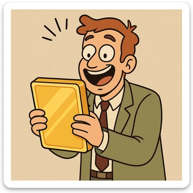 a lucky man with a gold tablet, cartoon style sticker