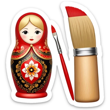 Wooden doll painting icon, traditional Russian Matryoshka doll being painted with intricate Palekh or Khokhloma designs, visible paintbrush, vibrant red, gold, and black colors, unfinished doll with detailed patterns in progress, minimalistic style, clean lines, transparent background. sticker