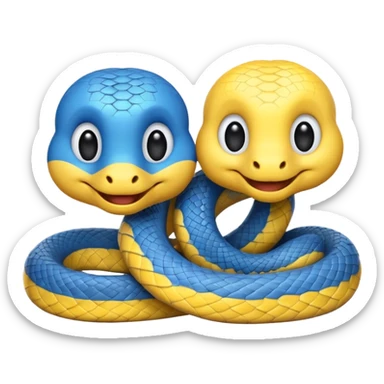 Cute emoji inspired by the Python programming language, incorporating the blue and yellow intertwined snakes from the logo sticker