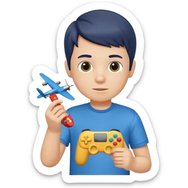 Little boy hold a controller and an airplane toy sticker
