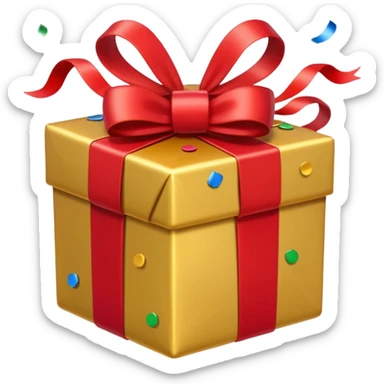 present with gold wrapping and red ribbon with top off and confetti coming out sticker