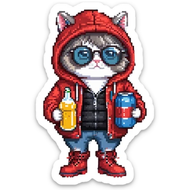 Catfish in red winter jacket with hood, round glasses, blue jeans, red boots, holding a beer can with red label, retro game style sticker