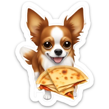 Long-haired reddish brown Chihuahua with white markings eating quesadilla sticker