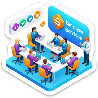 isometric, image of employee services, case management, crew operations integrating together as processes and systems sticker