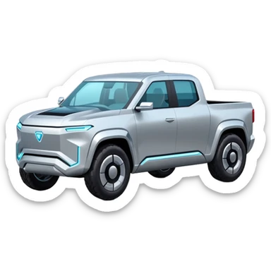 A futuristic electric pickup truck emoji, silver chrome body, angular cyber design, smooth metallic panels, subtle reflections, minimalistic proportions, iOS emoji style, centered composition, clean white background, soft lighting sticker