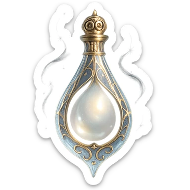 crystal luxurious elixir bottle in tear shape, transparent with pearlescent tear-shaped filling inside, lots of glowing, edges, ornaments, golden details, magical effects, very small golden neck, transparent background, beautiful merging bottom, clearly hanging in the air, no base or shadow, very luxurious, subtle, matching a collection sticker