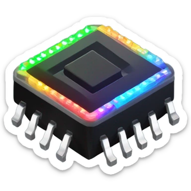 black micro chip with glowing RGB led light, isometric sticker