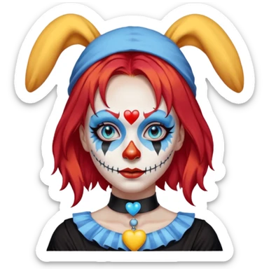 wendy thomas  the clown from gta rp nopixel she has a blue sun covering right eye with three yellow lines below her right eye and above her left eye this is her clown makeup . she has long bright red hair and light blue eyes with ablack heart choker and black bunny ears. with a skeleton shirt sticker
