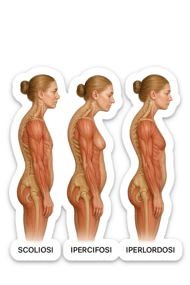 fai un immagine identica che riguarda 3 posture scorrette: scoliosi, ipercifosi e iperlordosi. falla iperrealistica anatomica in 4k sticker