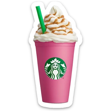 starbucks carmel ribbon crunch Frappuccino in a pink christmas cup with a green straw￼ sticker