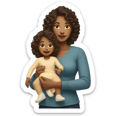 mom with light tan skin, shoulder length dark brown curly hair carrying 2 babies  sticker