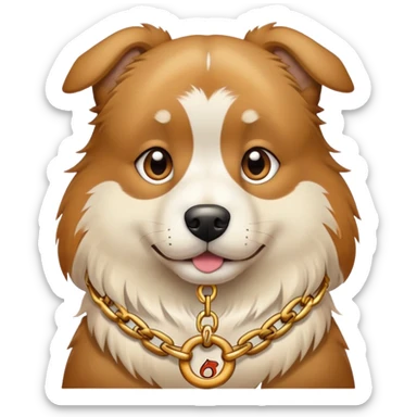 Dog wearing a chain that has the number 67 sticker