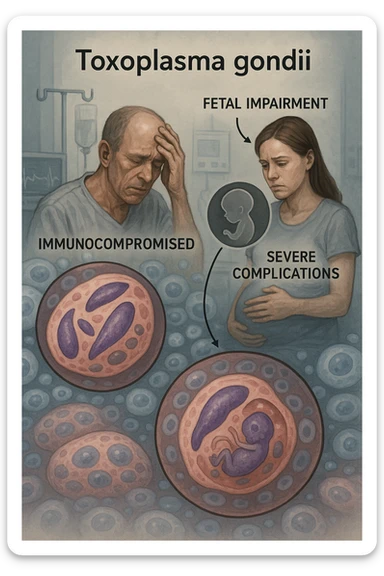 Toxoplasma gondii, infetta uomo immunodepresso e donne incinta. Causando gravi problemi tutto scritto in italiano immagine realistica sticker