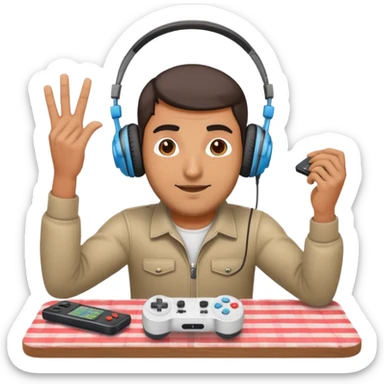 A middle eastern wearing headphones on and a controller in his hand with a picnic table on his head sticker