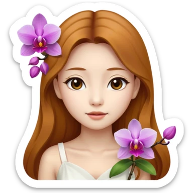 Asian girl with long golden brown hair white skin makeup natural with orchid in her left ear, her dress is white   sticker