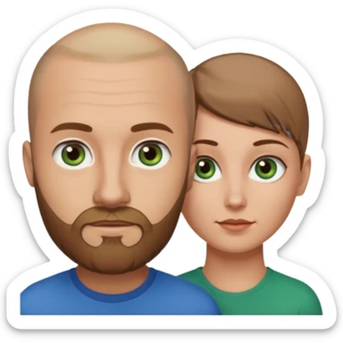 Man on left with shaved head with dark blonde beard and blue eyes and woman on the right with brown hair green eyes  sticker