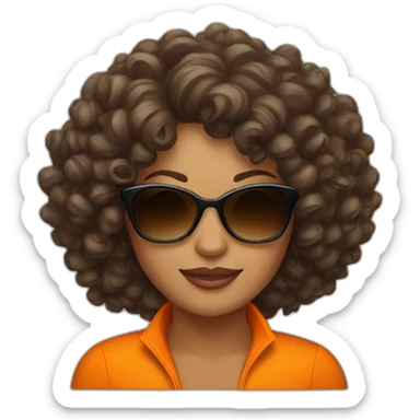 a curly hair brown woman with sunglasses and a orange trucksuit  sticker