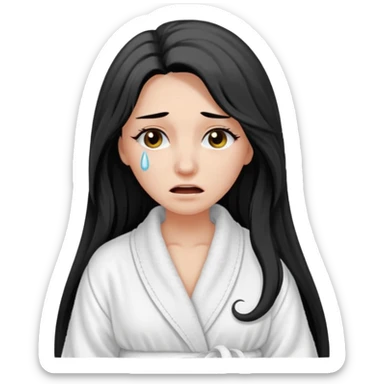 crying woman with long hair, long lashes, clear white skin, wearing a bathrobe sticker