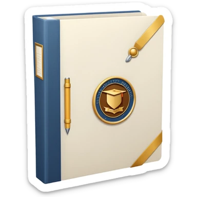 A simple emoji-style icon of a white textured paper folder, clean and formal, with sharp edges, minimal shading, and an embossed university degree/certification seal on the front, conveying academic achievement and official records. white white white  sticker