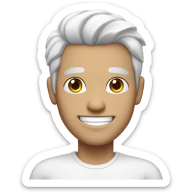 A man with white skin having black and white hair with a smile sticker