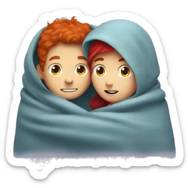 Mustache boy with red haired girl hug under a blanket  sticker