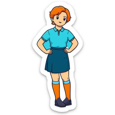 woman wearing teal wrap shirt, blue a-line skirt, light blue knee-high socks sticker