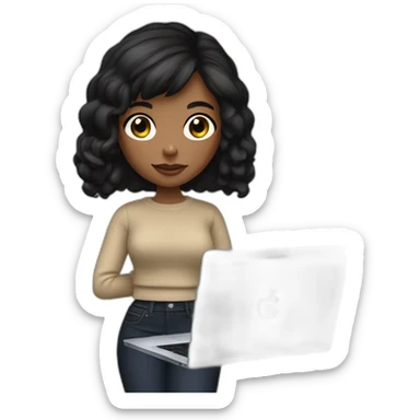 memoji of a female with a modern apple laptop in front, black hair, beige skin, black sweater, computer in hand --ar1:1 sticker