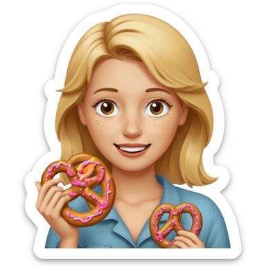 Winking, Dirty blond woman, fair skin with freckles,  holding pretzel sticker