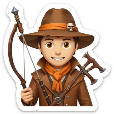 male human monster hunter emoji, wearing brown leather coat and wide hat, holding crossbow, with amulet shaped like skull, Halloween fantasy theme, confident smile, orange scarf, Apple emoji style, clean white background, square image sticker