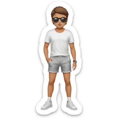 Handsome. Male. Short brown hair. Messy hairstyles. Sunglasses. Sexy pose. Full body. Wearing shorts. White tekkies. Pool background  sticker