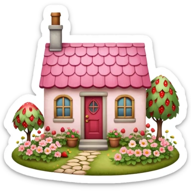 Cottagecore style, highly realistic, whimsical cute, vintage vibe, small pink roof cottage with a garden full of different colored wild flowers and realistic red strawberries, with a vintage antique door. Still life design. sticker