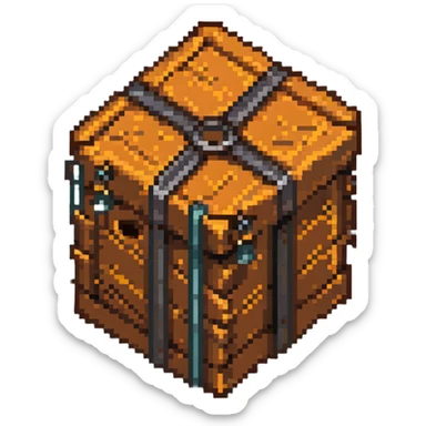 wooden crate with metal reinforcements, orange-brown wood with visible grain texture and dark gray metal bands, 32x32 pixel art game tile that looks breakable sticker
