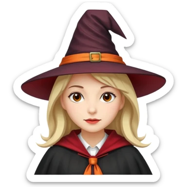 A younger woman with a witch's hat, red tie and robes (classic student or young witch look). sticker