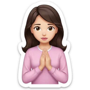 girl with wavy long glamorous dark brown hair, brown eyes, light to medium complexion, long lashes, light pink lipstick, praying, wearing light pink shirt sticker
