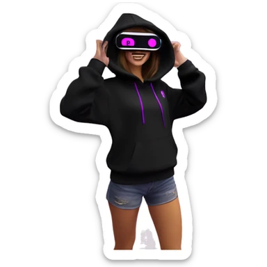 Russian girl wearing black hoody with violet letters "OMG", in vr headset oculus quest2. Dancing. Cyberpunk style. Violet neon. sticker