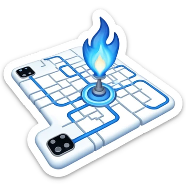 a map with a glowing blue flame on the x and networking paths sticker