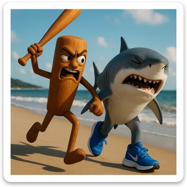 create this image with 4 different emotion to each of them .CREATE ONE WHERE THE ONE WITH THE STICK IS BEATING THE OTHER.
 sticker