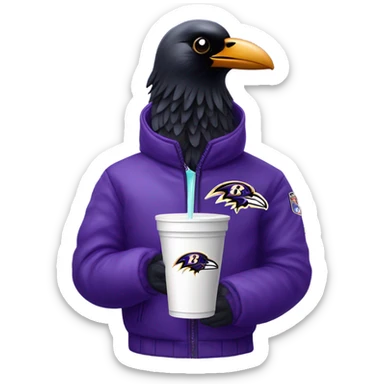 baltimore ravens logo raven in puffer jacket holding white styrofoam cup the cup is dripping purple juice the ravens wearing skinny jeans sticker