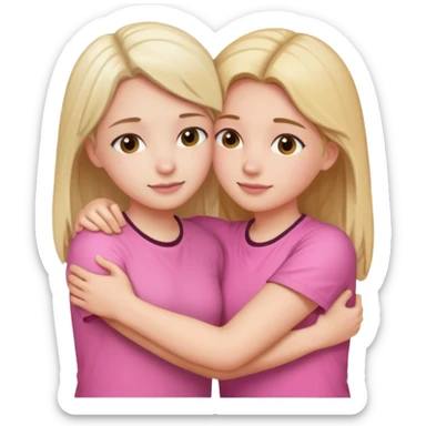 2 girls hugging each other. One is wearing white shirt and the other is wearing pink sticker