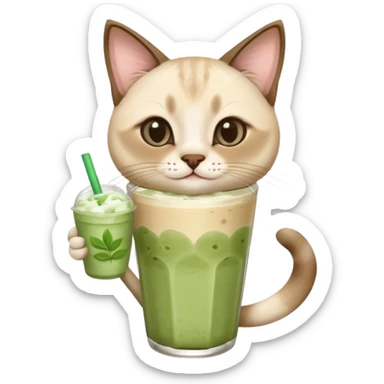Happy Siamese Cat holding in its paws an iced matcha latte sticker